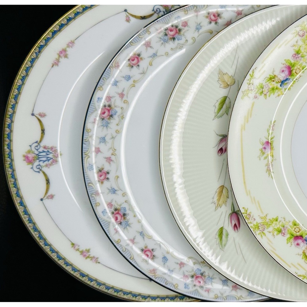 4 Vtg Mismatched China SALAD Luncheon Plates Plate Set Mixed Floral Blue Gold